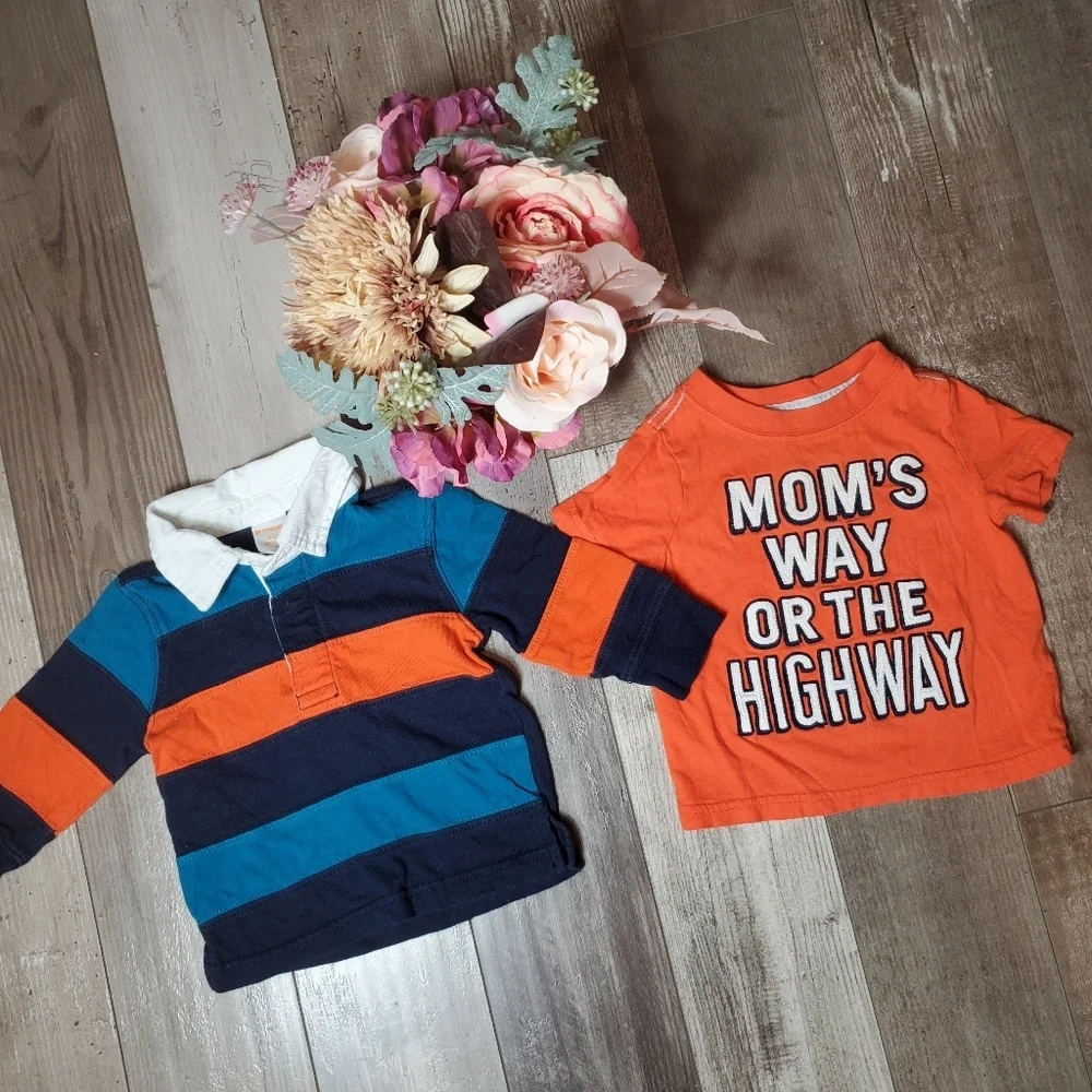 Orange and Blue Baby Boy 100% Cotton Top Shirt Bundle Size 6-12m 2pc NWOT